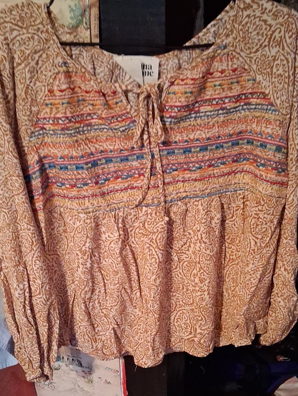 Vintage-Inspired Multicolor Boho Peasant Top - Yellow